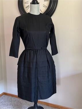 Vintage Gay Gibson Black Long Sleeve Tiered Sheath Dress - S